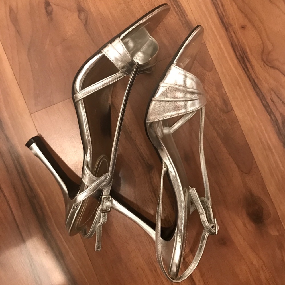 Silver heeled sandals - genuine leather sz 6